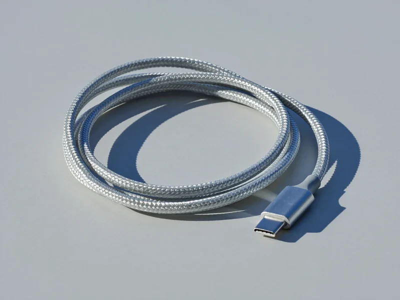 Oplecony kabel USB-C zwinięty na jasnej matowej powierzchni