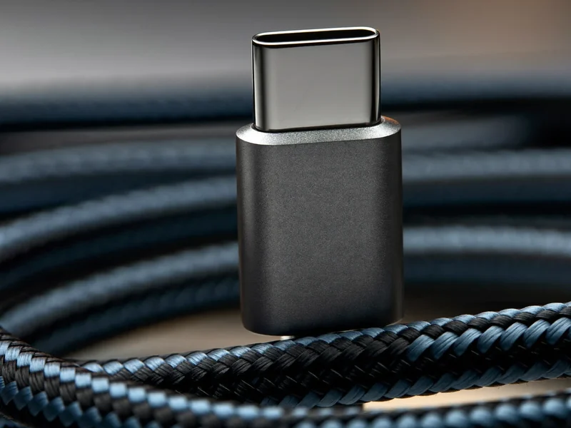 Zbliżenie na metalową wtyczkę USB-C i fakturę oplotu